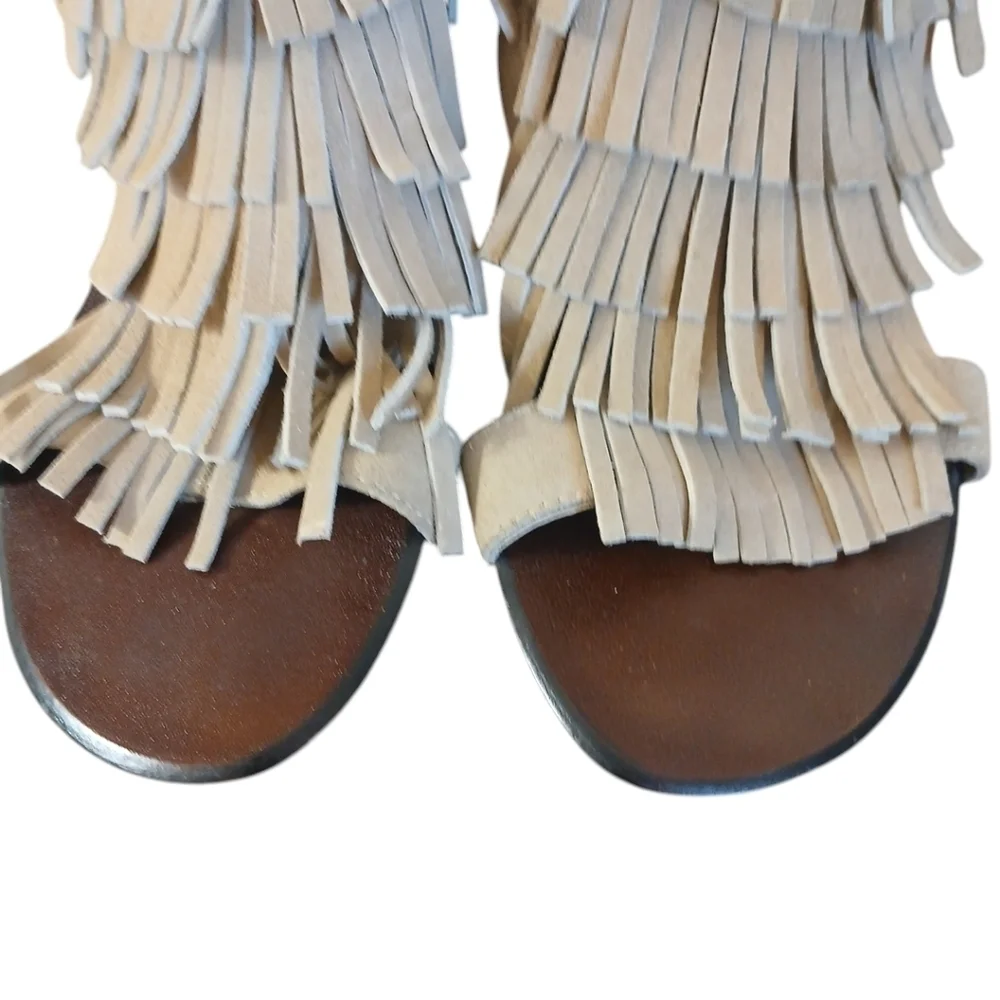 Matiko Tan Fringed Wedge Sandals Suede Open Toe Women's Sandals size 7.5